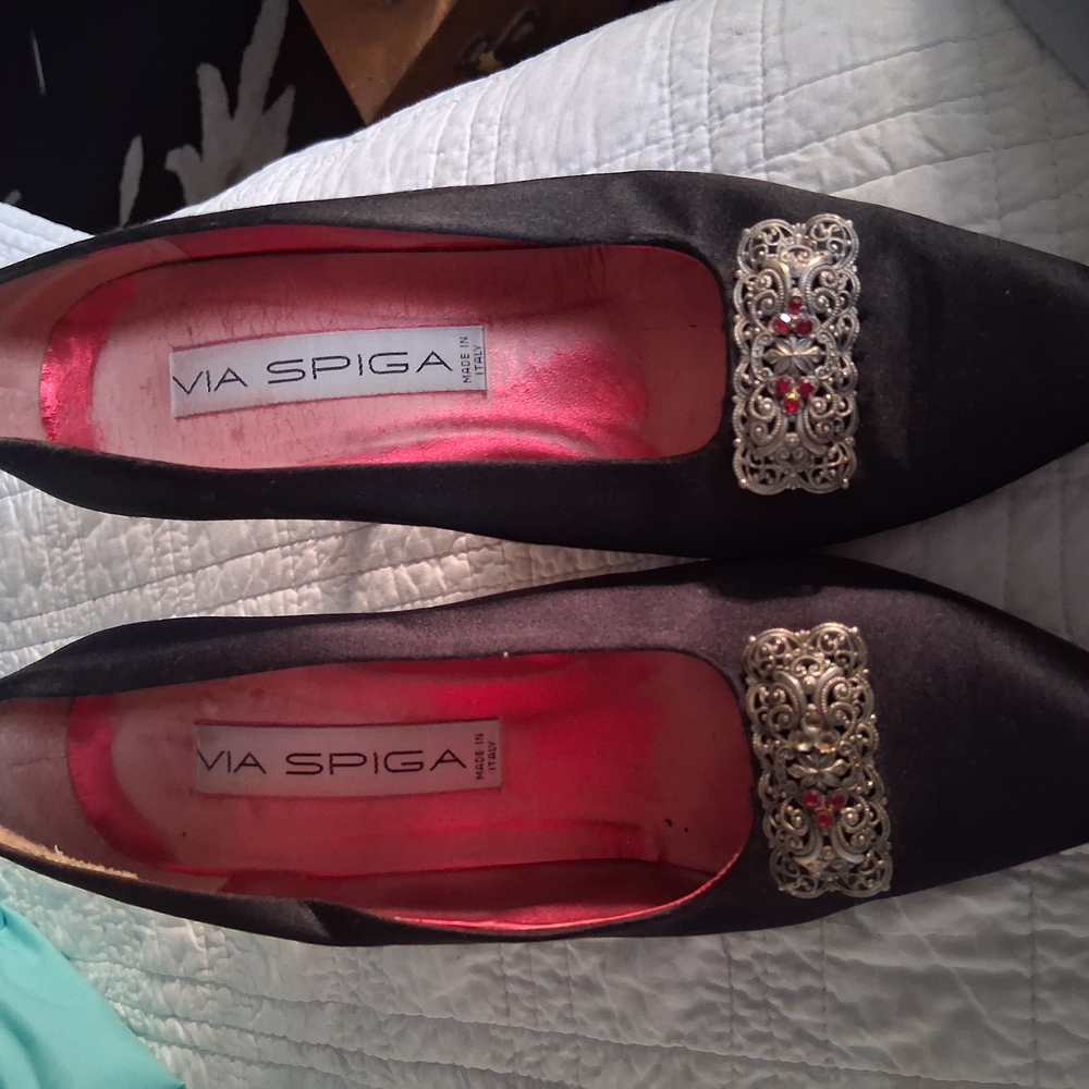 Via Spiga Black and Silver Heels with Ornate Embellishments